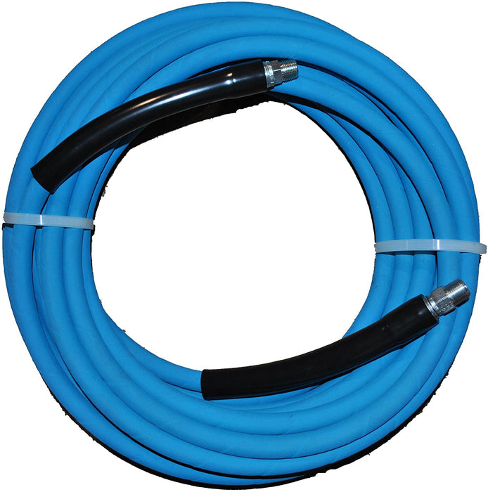 Cold Jet Hose Eaglewash 3/8x300ft Blue Smooth Non- Marking 4000 PSI 250° Intermittent Jetter Hose 3/8 MS X 3/8 MPT solid with bend restrictor on swivel end.