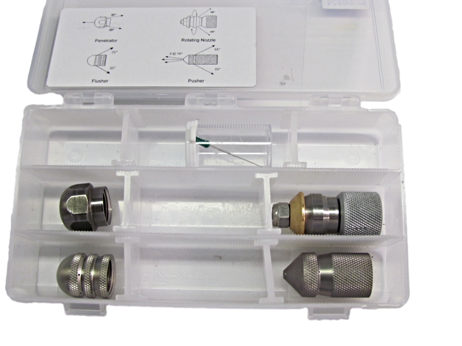 4 PIECE THRUSTER SEWER NOZZLE KIT 1/4" FNPT MAWP 10K PSI GPM 9 PSI 4000